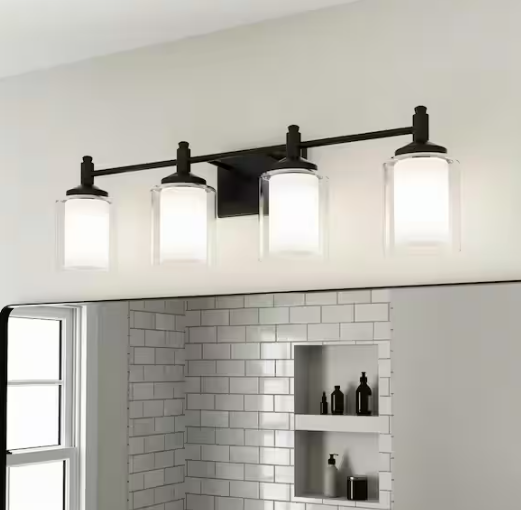 DSI LIGHTING Jaylin 30.75 in. 4-Light Matte Black Vanity Light with Clear and Frosted Glass Shades