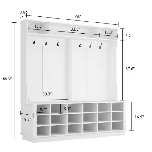 FUFU&GAGA 63 in. W White Wood 3-in-1 Hall Tree Coat Rack Shoe Storage Bench with 6-Metal Double Hooks, Shoe Rack and Shelves