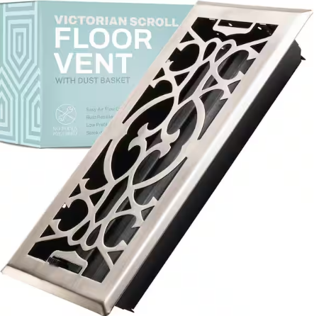 HOME INTUITION Victorian Scroll 4x10 Inch Decorative Floor Register Vent with Mesh Cover Trap, Satin Nickel