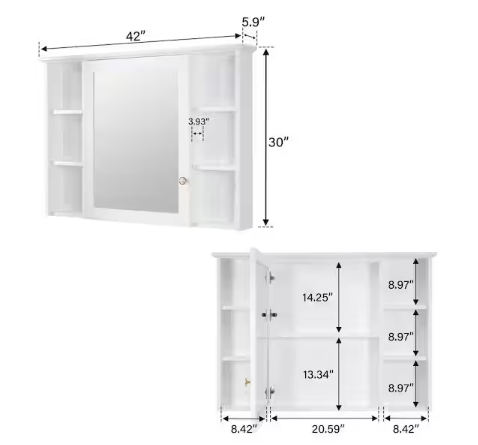 42 in. W x 30 in. H Rectangular White Wood Surface Mount Medicine Cabinet with Mirror and Shelves, 1-Soft Close Door