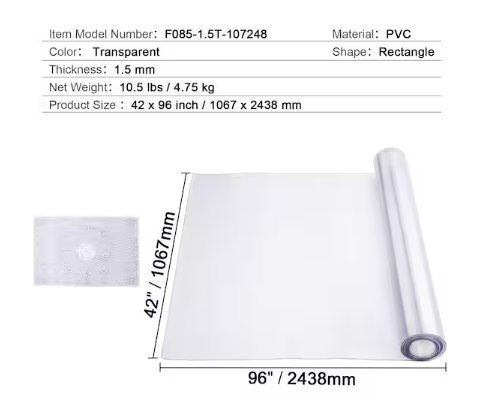 SKYSHALO Plastic Table Cover 42 x 96 in. 1.5 mm Thick Clear Solid Table Protector Rectangle PVC Desk Mat Waterproof