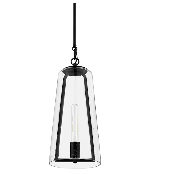 Desmond 8 in. 1-Light Modern Black Hanging Pendant Light with Smoke Seeded Glass Shade