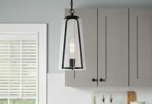 Desmond 8 in. 1-Light Modern Black Hanging Pendant Light with Smoke Seeded Glass Shade