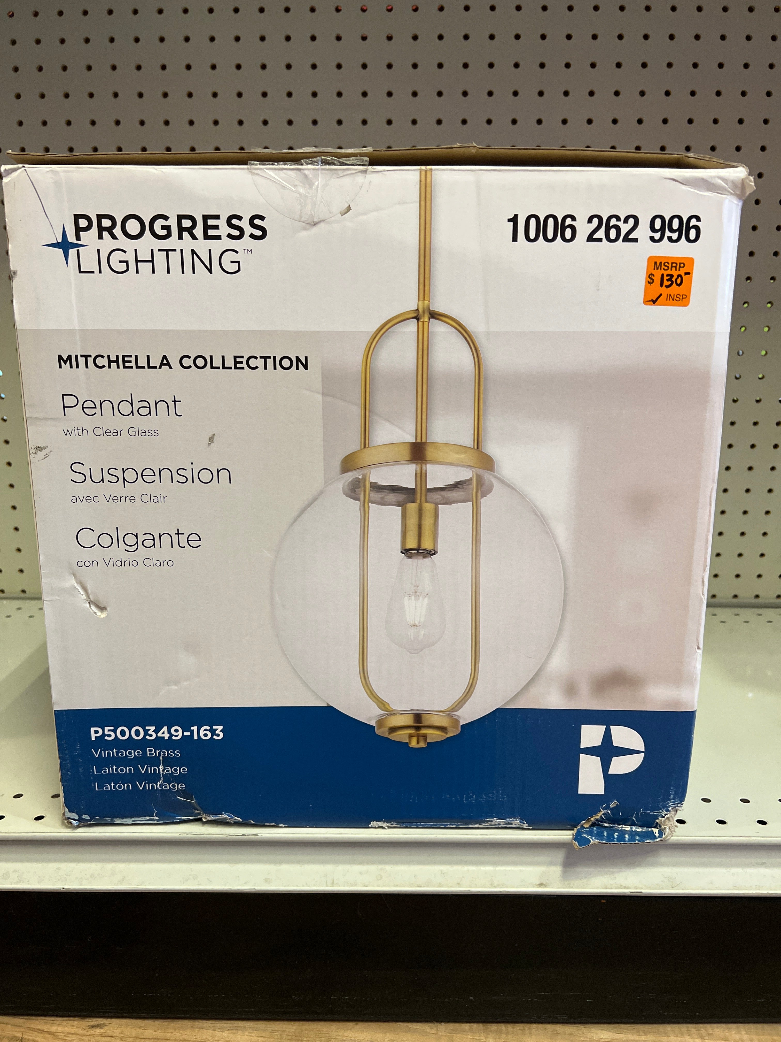 Mitchella 1-Light Vintage Brass Pendant with Clear Glass Globe Shade (Progress Lighting)