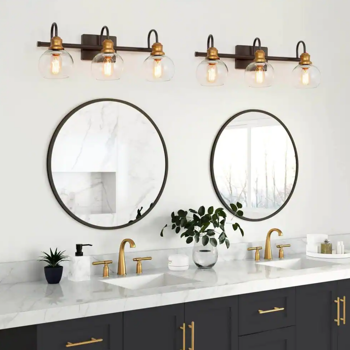 22 in. 3-Light Modern Aged Brass and Black Bathroom Vanity Light with Clear Glass Globe Shades