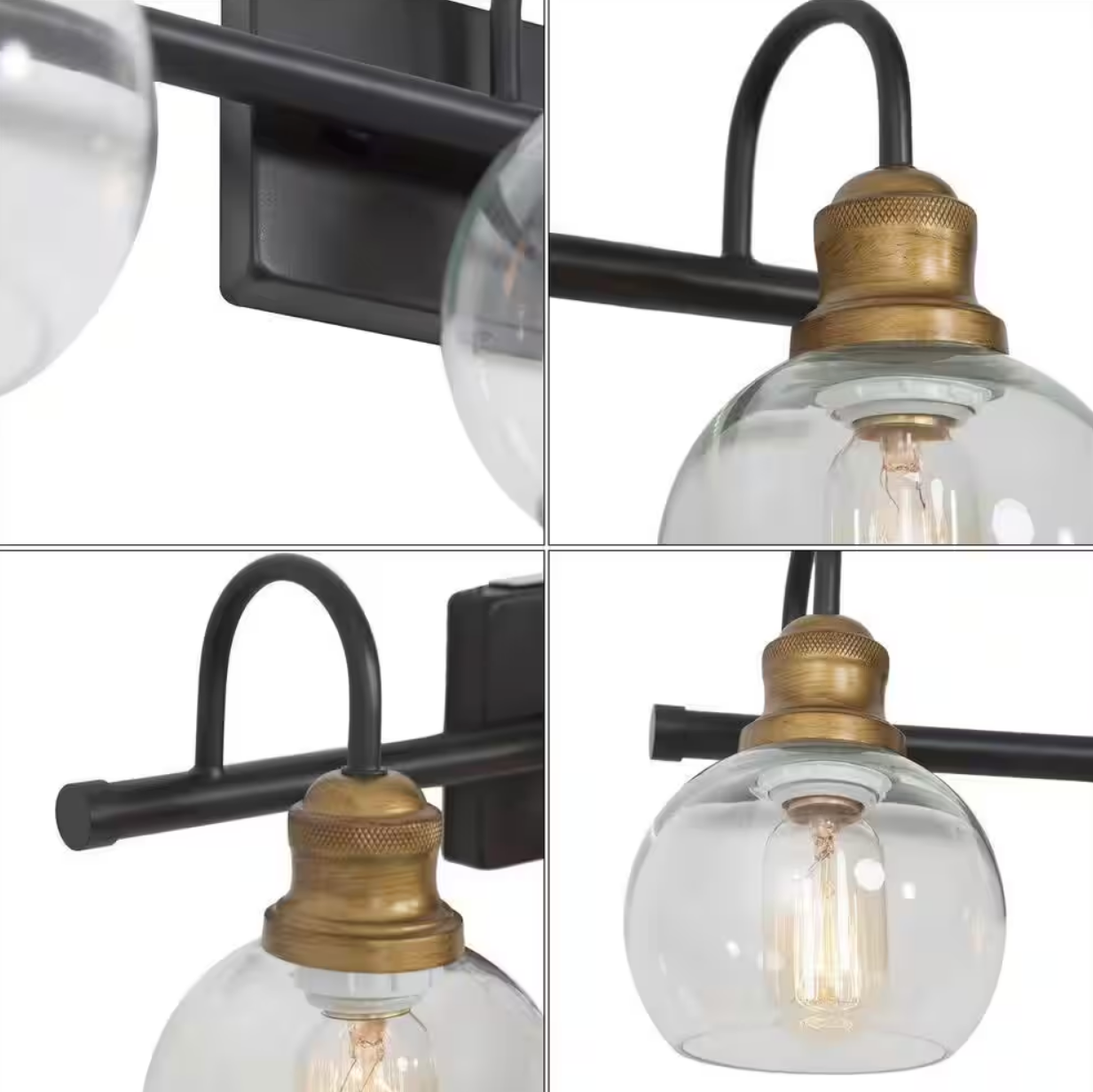 22 in. 3-Light Modern Aged Brass and Black Bathroom Vanity Light with Clear Glass Globe Shades