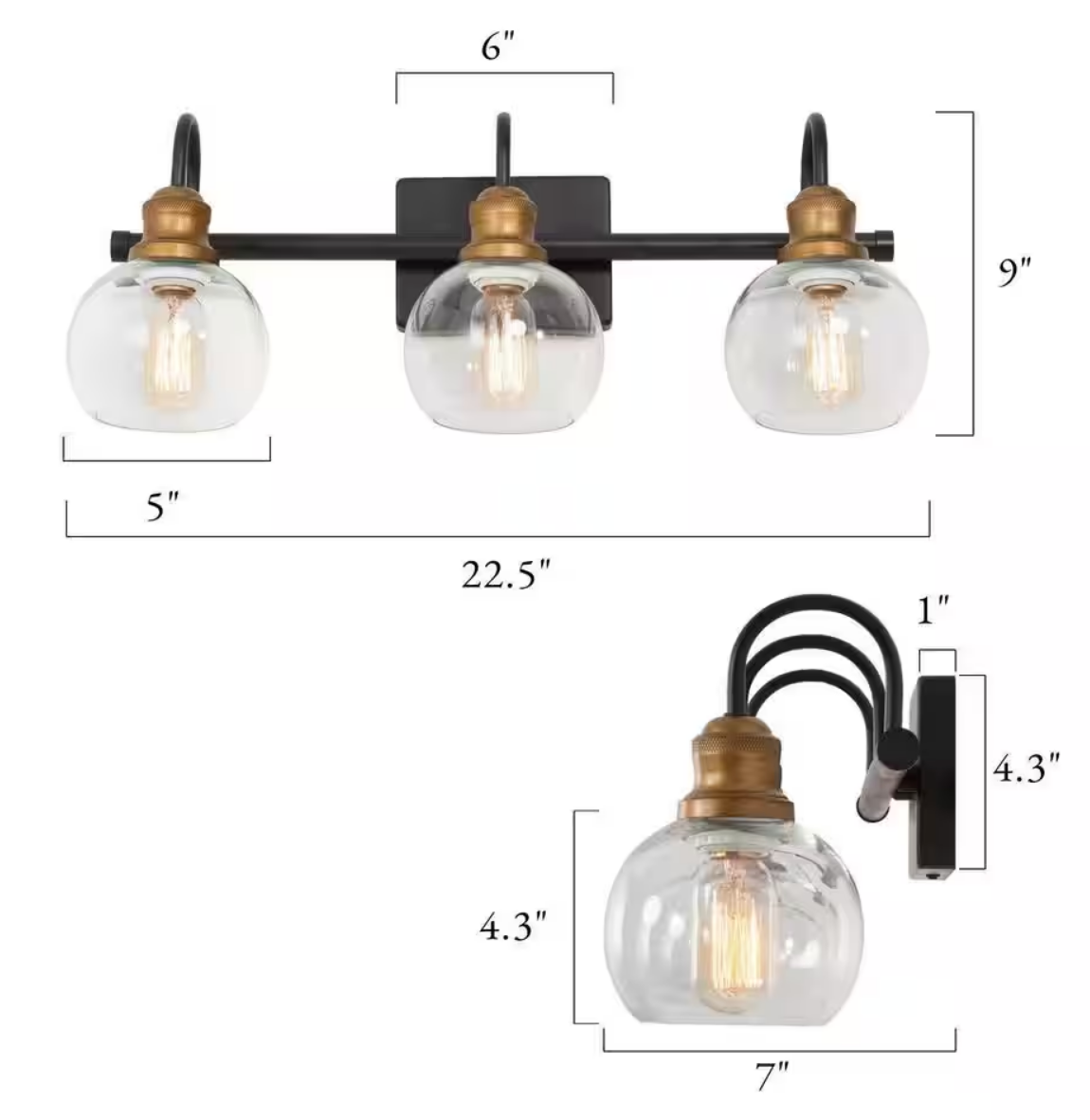 22 in. 3-Light Modern Aged Brass and Black Bathroom Vanity Light with Clear Glass Globe Shades