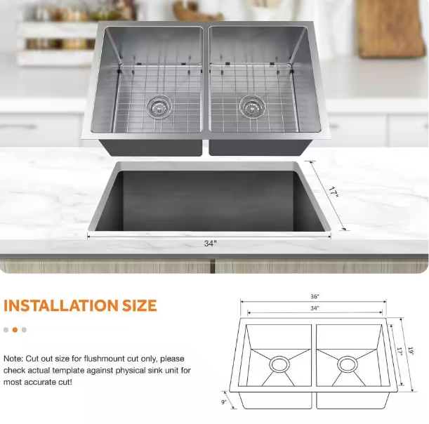 Glacier Bay - Tight Radius Undermount 18G Stainless Steel 36 in. 50/50 Double Bowl Kitchen Sink with Accessories