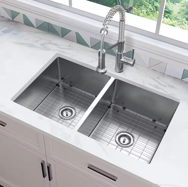 Glacier Bay - Tight Radius Undermount 18G Stainless Steel 36 in. 50/50 Double Bowl Kitchen Sink with Accessories