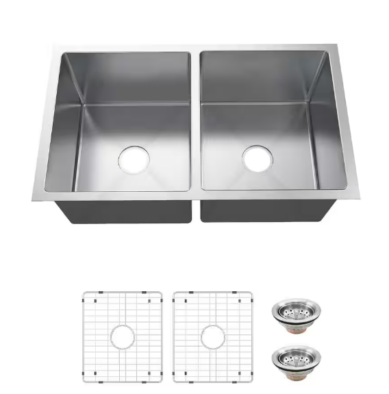 Glacier Bay - Tight Radius Undermount 18G Stainless Steel 36 in. 50/50 Double Bowl Kitchen Sink with Accessories