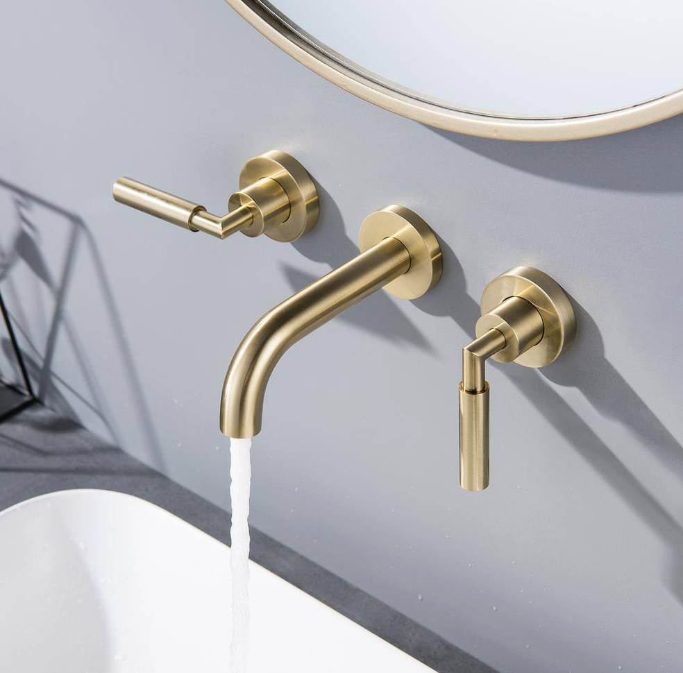 Wall-Mount Double-Handle Bathroom Faucet in Brushed Gold