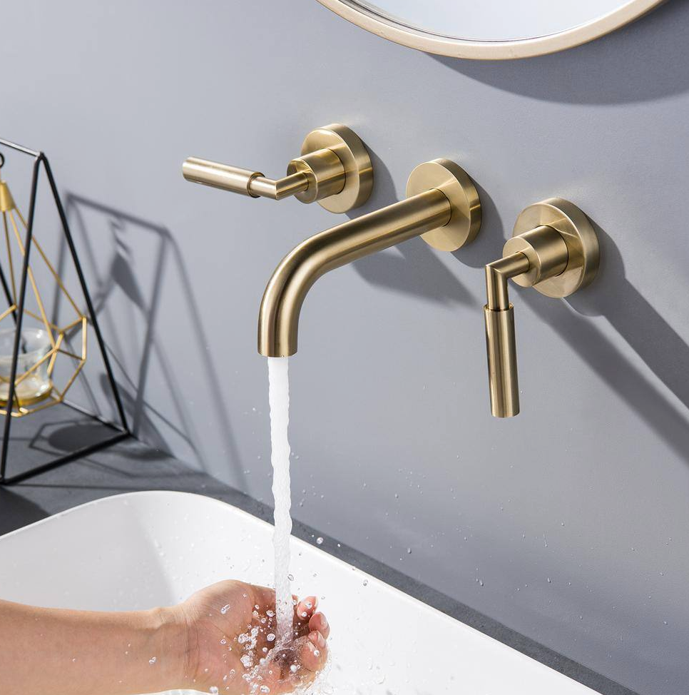 Wall-Mount Double-Handle Bathroom Faucet in Brushed Gold