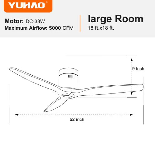 Modern Farmhouse 52 in. Low Profile Ceiling Fan with 3 Solid Wood Blades, DC Reversible Motor without Light