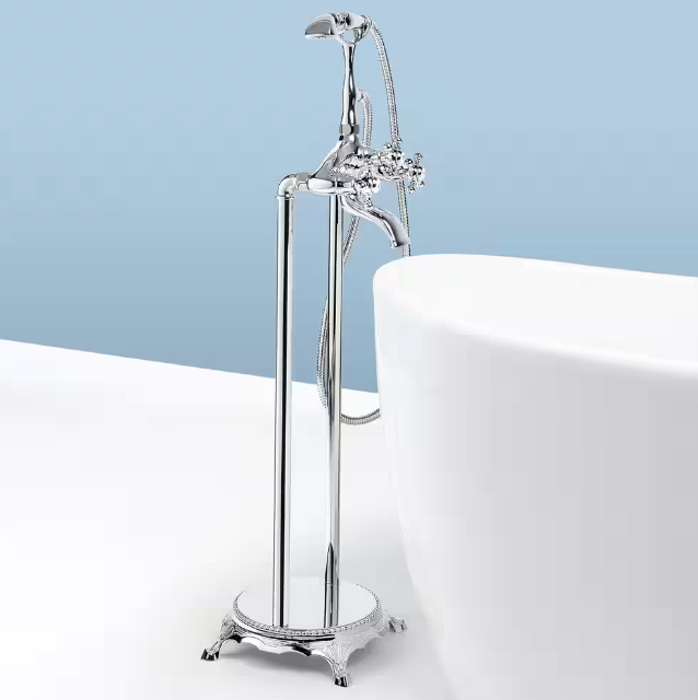 AKDY - 3-Handle Freestanding Floor Mount Claw Foot Tub Faucet Bathtub Filler with Telephone Hand Shower in Chrome