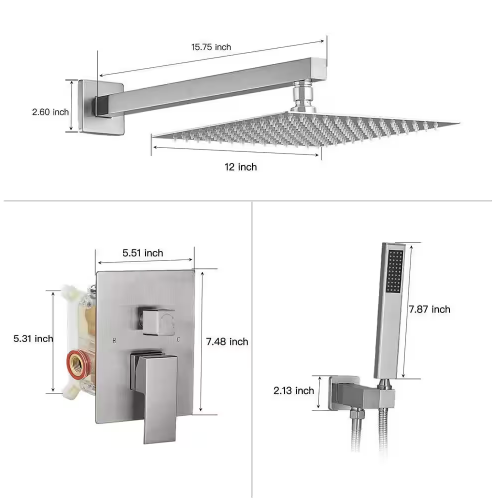 2-Spray Patterns With 2.5 GPM 12 in. Showerhead Wall Mounted Dual Shower Heads With Valve in Brushed Nickel