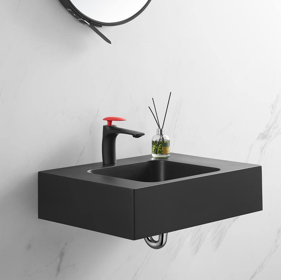 26 in. Wall-Mount Install or On Countertop Bathroom Composite Sink with Single Faucet Hole in Matte Black