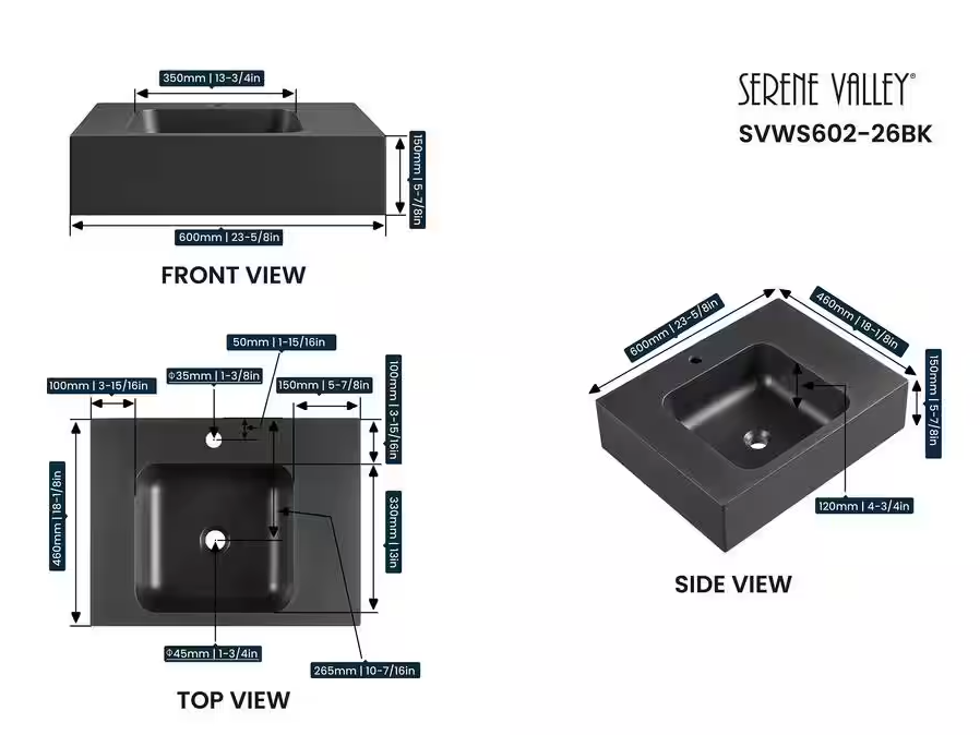 26 in. Wall-Mount Install or On Countertop Bathroom Composite Sink with Single Faucet Hole in Matte Black