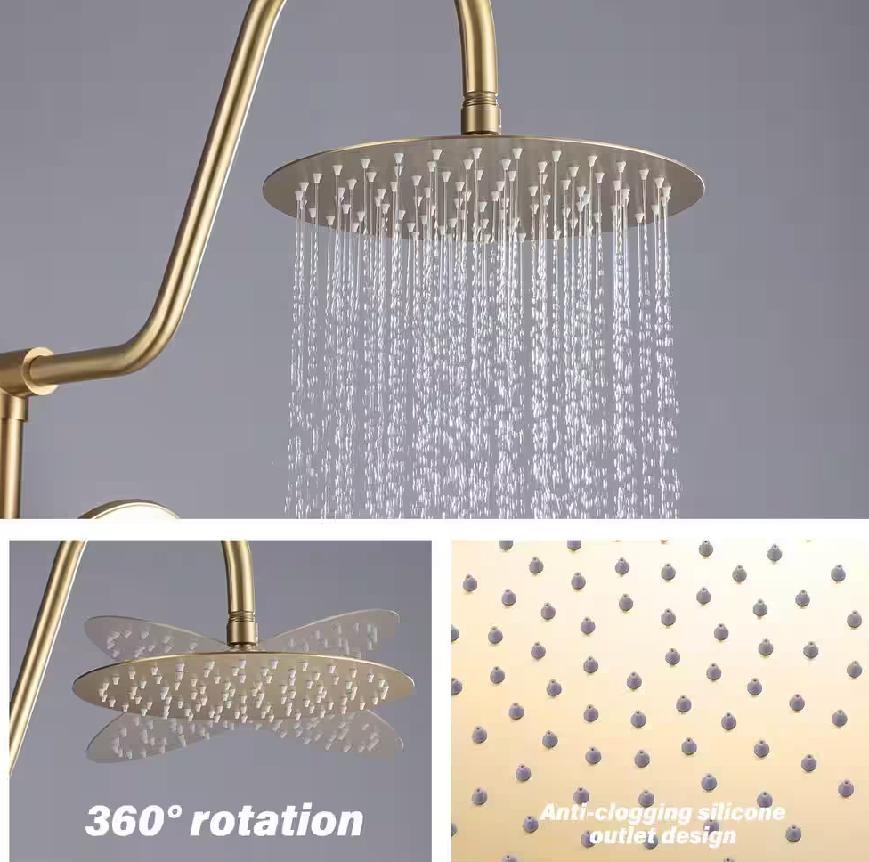 3-Spray Patterns with 2.2 GPM 10 in. Wall Mount Dual Shower Heads Fixed Shower Head in Brushed Gold