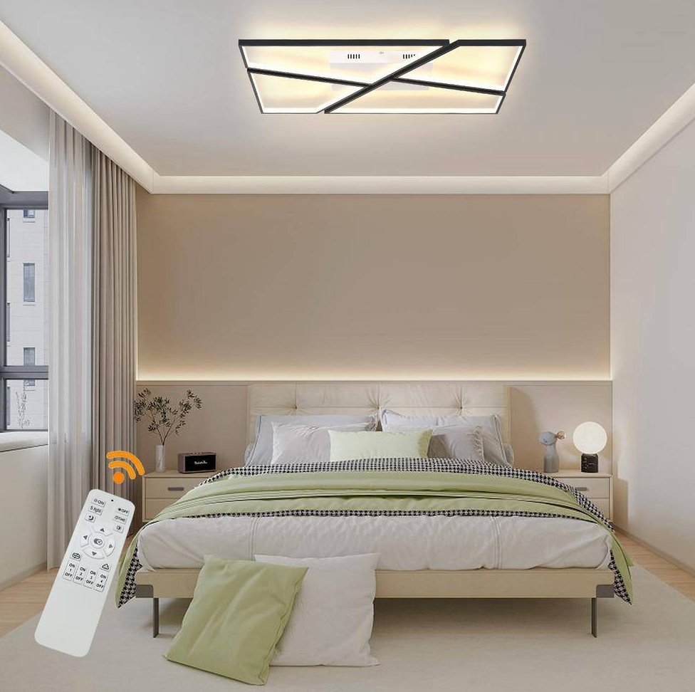 35.43 in. Black Modern Rectangle Flush Mount Stepless Dimming LED Ceiling Light with Remote Control