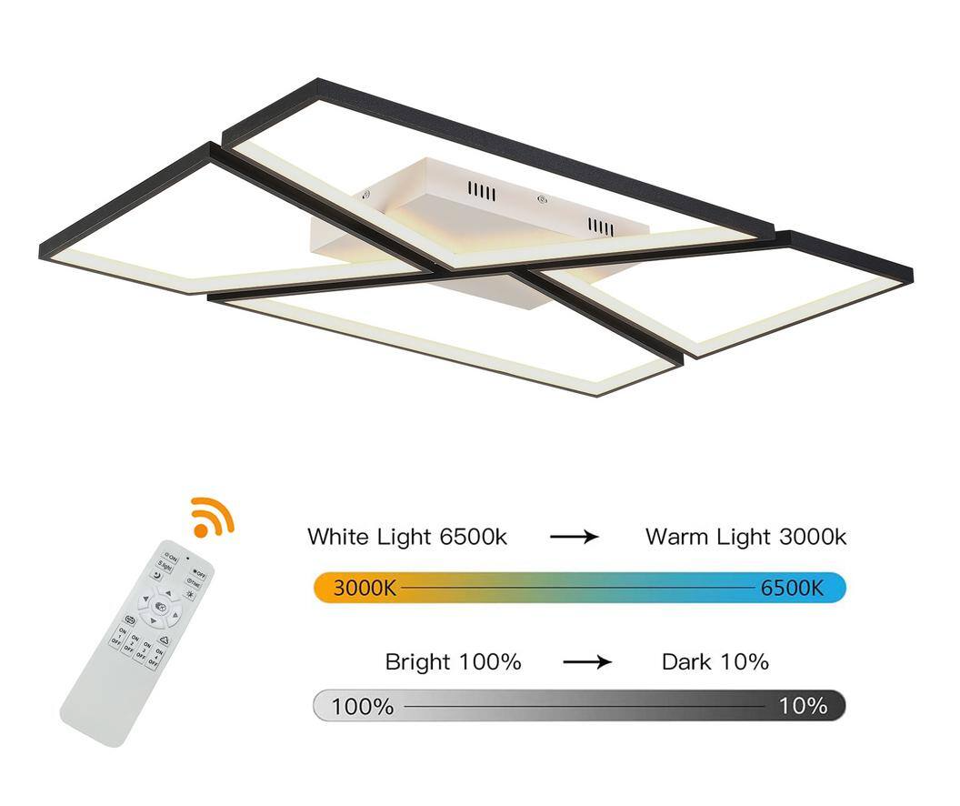 35.43 in. Black Modern Rectangle Flush Mount Stepless Dimming LED Ceiling Light with Remote Control