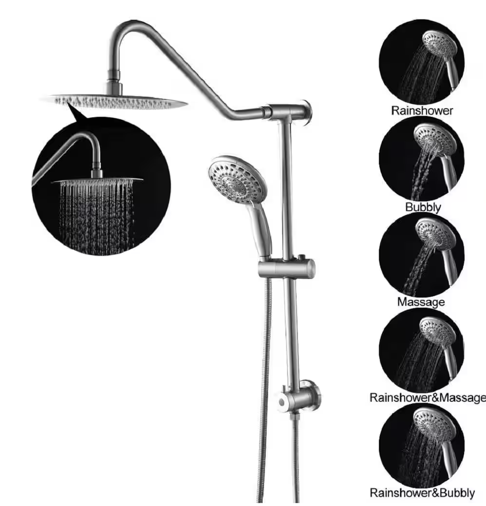 5-Spray Patterns with 2.5 GPM 10 in. Wall Mounted Hand Shower Dual Shower Heads in Brushed Nickel