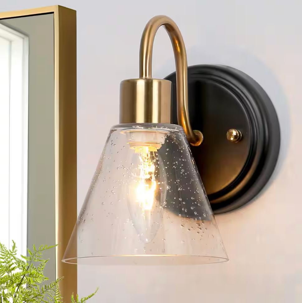 5.1 in. Black and Brass Wall Sconce Light with Seeded Glass Shade