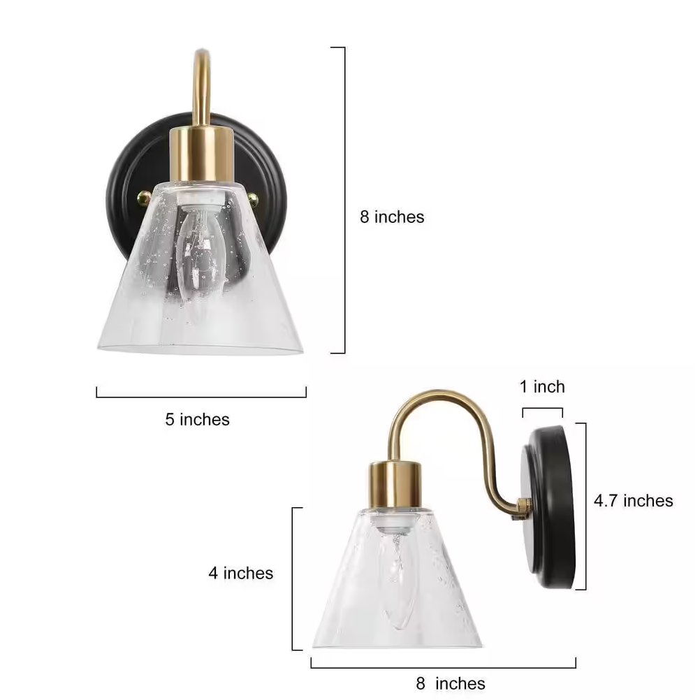 5.1 in. Black and Brass Wall Sconce Light with Seeded Glass Shade