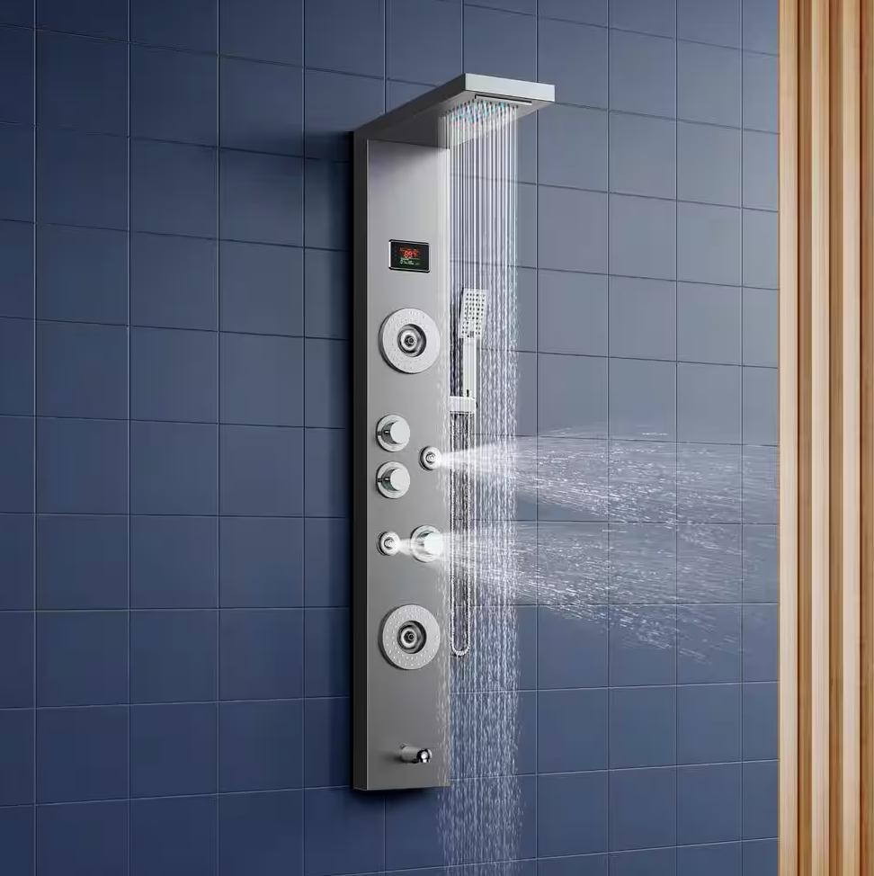 55 in. 6-Jet LED Shower Panel System with Rainfall Waterfall Shower Head Hand Shower and Massage Head in Brushed Nickel (Androme)