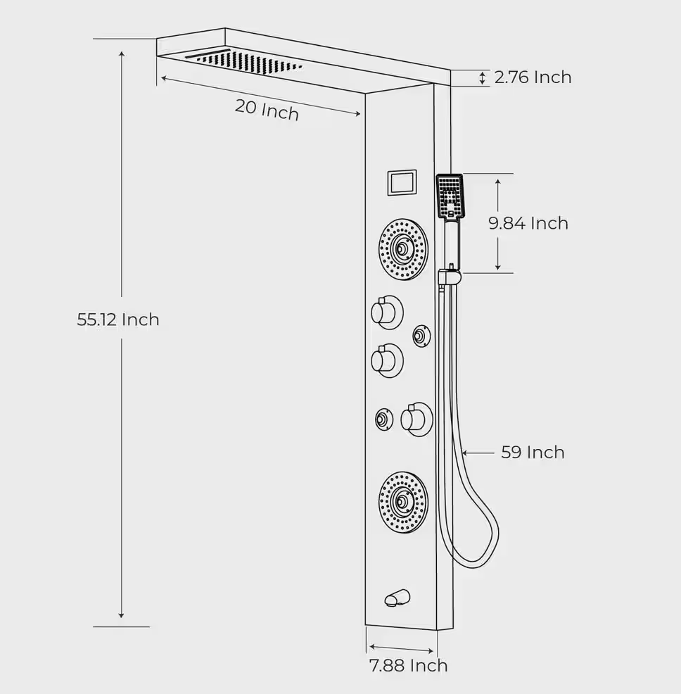 55 in. 6-Jet LED Shower Panel System with Rainfall Waterfall Shower Head Hand Shower and Massage Head in Brushed Nickel (Androme)