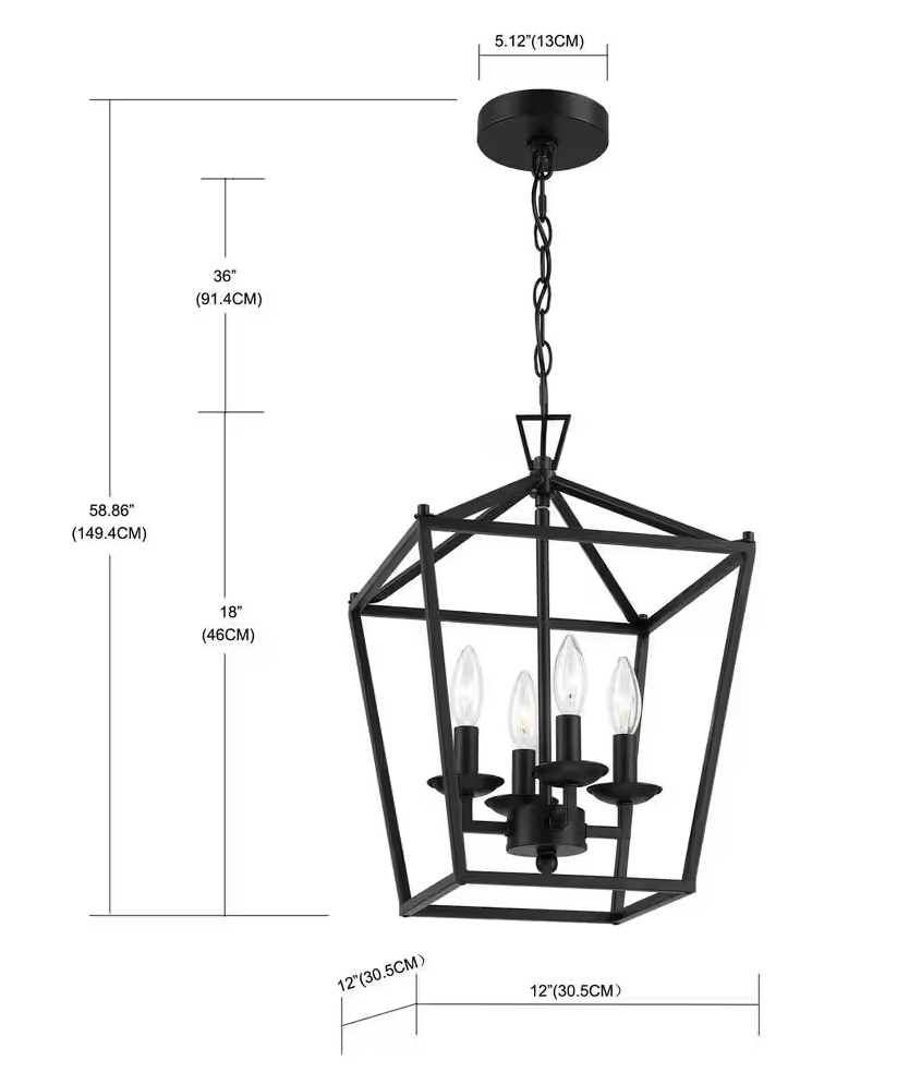 Alfa 12 in. 4-Light Geometric Cage Lantern Pendant Light with Mate Black Finish (Hukoro)