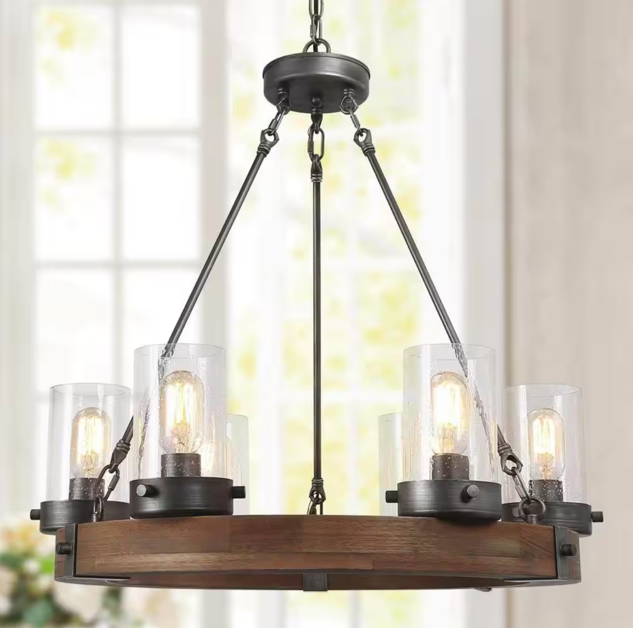 Bronze Farmhouse Chandelier Wood Wagon Wheel 6-Light Rustic Chandelier for Foyer with Seedy Glass and Aged Silver Metal