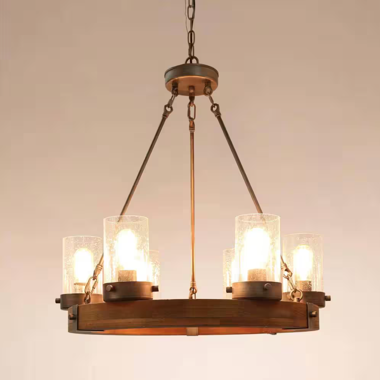 Bronze Farmhouse Chandelier Wood Wagon Wheel 6-Light Rustic Chandelier for Foyer with Seedy Glass and Aged Silver Metal