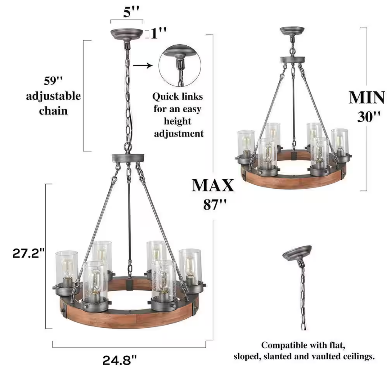 Bronze Farmhouse Chandelier Wood Wagon Wheel 6-Light Rustic Chandelier for Foyer with Seedy Glass and Aged Silver Metal