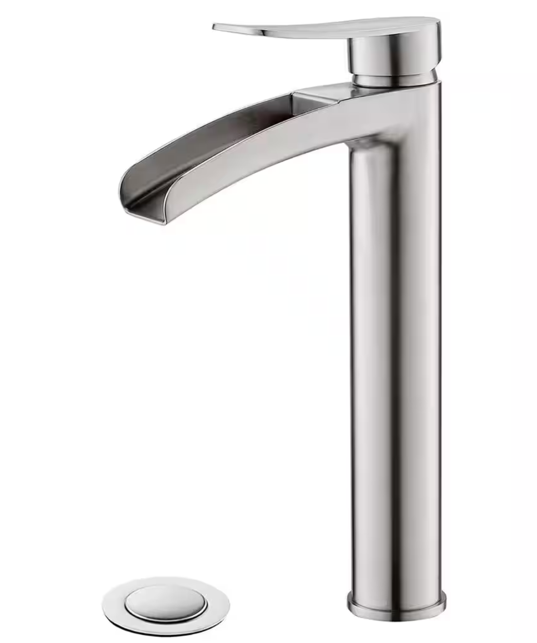 Brushed Nickel, Single Hole Waterfall Bathroom Faucet, Modern Tall Vessel Faucet with Pop Up Drain and Water Supply Line