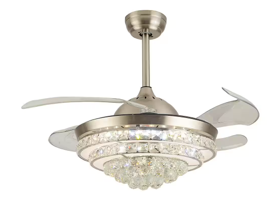 42 in. Indoor Nickel Modern Invisible Retractable Crystal Ceiling Fan with 3 Light Change Integrated LED and Remote