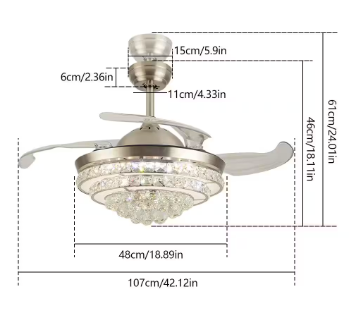 42 in. Indoor Nickel Modern Invisible Retractable Crystal Ceiling Fan with 3 Light Change Integrated LED and Remote