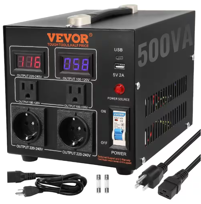 VEVOR - Voltage Converter Transformer 500-Watt Up/Down Transformer 110-Volt/220-Volt w/US/EU Outlet 5-Volt USB Port CE Certified