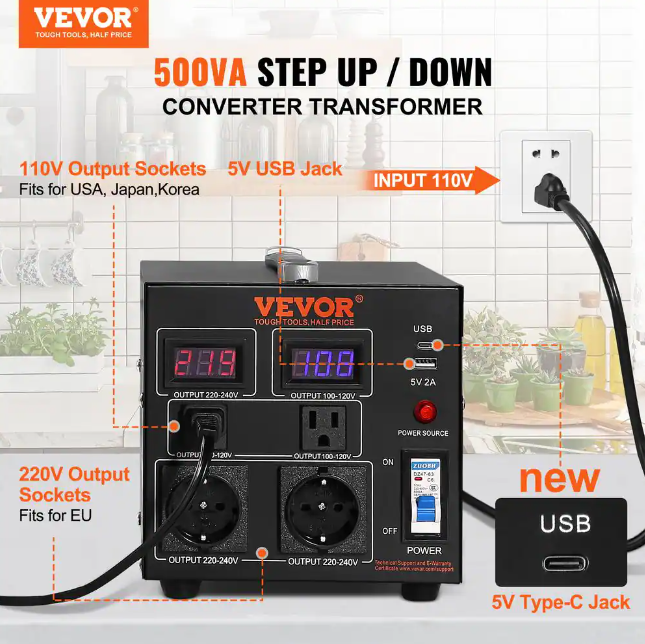 VEVOR - Voltage Converter Transformer 500-Watt Up/Down Transformer 110-Volt/220-Volt w/US/EU Outlet 5-Volt USB Port CE Certified