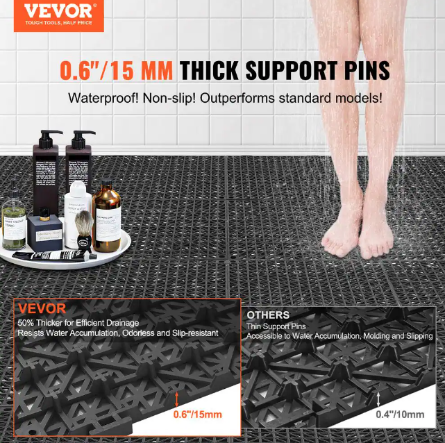 VEVOR - Interlocking Drainage Mat Floor Tiles PVC Interlocking Gym Flooring Tiles 12 x 12 x 0.6 in. (Black 50 Pcs,50 sq ft)