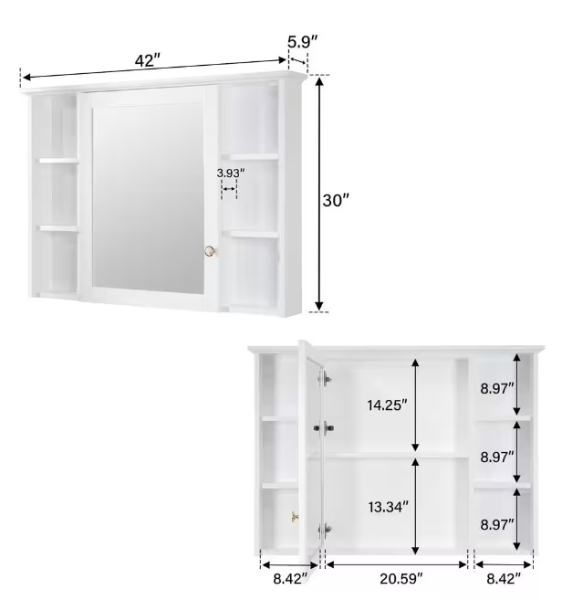 Rectangular White Wood Surface Mount Medicine Cabinet with Mirror and Shelves, 1-Soft Close Door (42 in. W x 30 in. H)