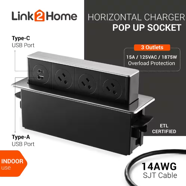 Link2Home - 3-Outlets Space Saver Pop Up Socket, Receptacle Power Cover Box with USB, Type-C Fast Charge, Splash Resistant