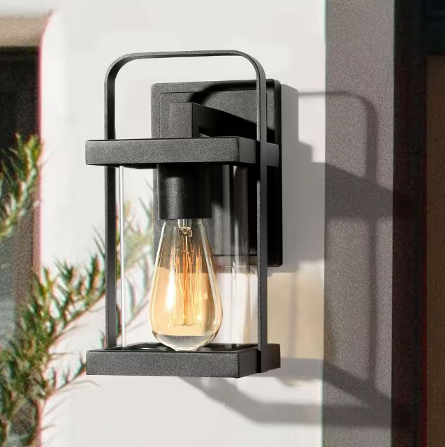 Craftsman Cage Outdoor Porch Wall Sconce 1-Light Matte Black Farmhouse Outdoor Patio Wall Light with Clear Glass Shade