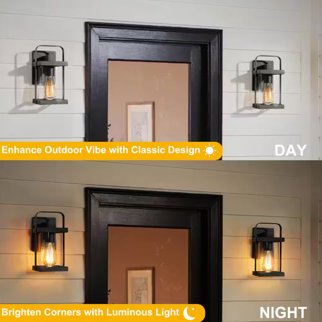 Craftsman Cage Outdoor Porch Wall Sconce 1-Light Matte Black Farmhouse Outdoor Patio Wall Light with Clear Glass Shade