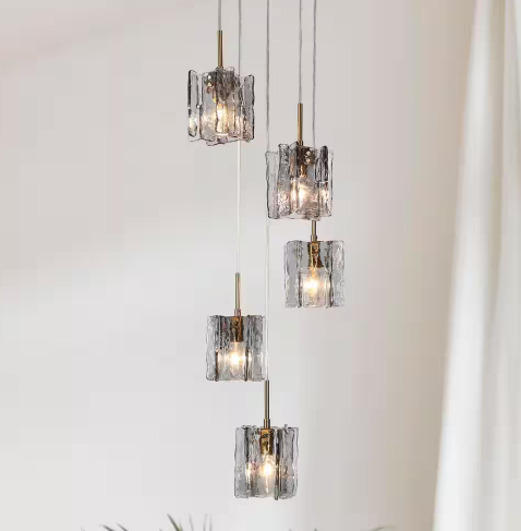 Echonalyri Modern 5-Light Matte Black and Plating Brass Chandelier with Glam Geometric Gray Textured Glass Shades