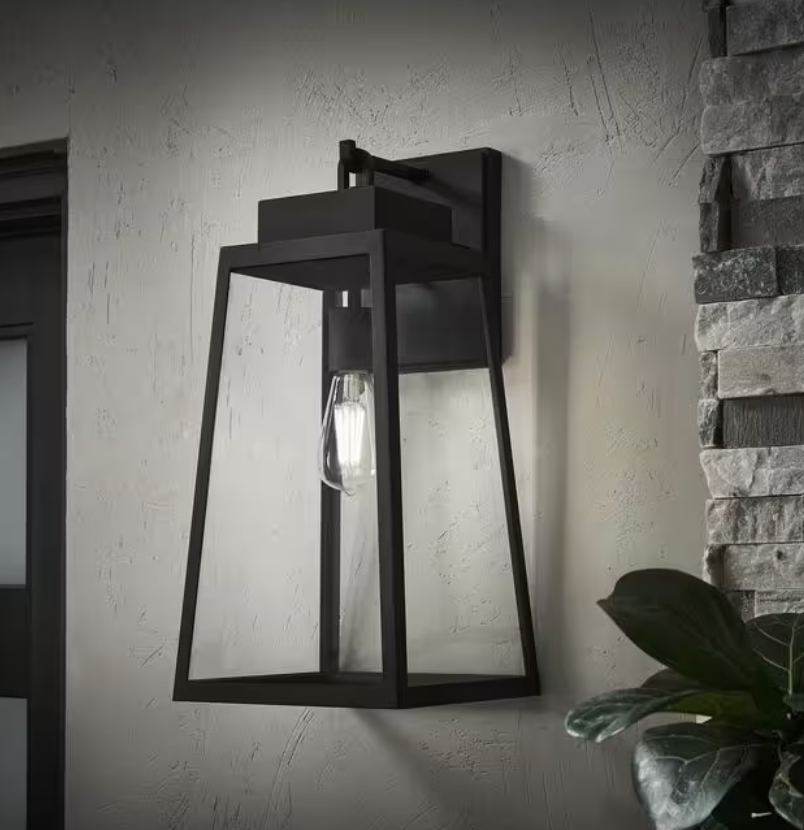 Corbin Large 20 in. Modern 1-Light Black Hardwired Outdoor Tapered Wall Lantern Sconce with Clear Glass