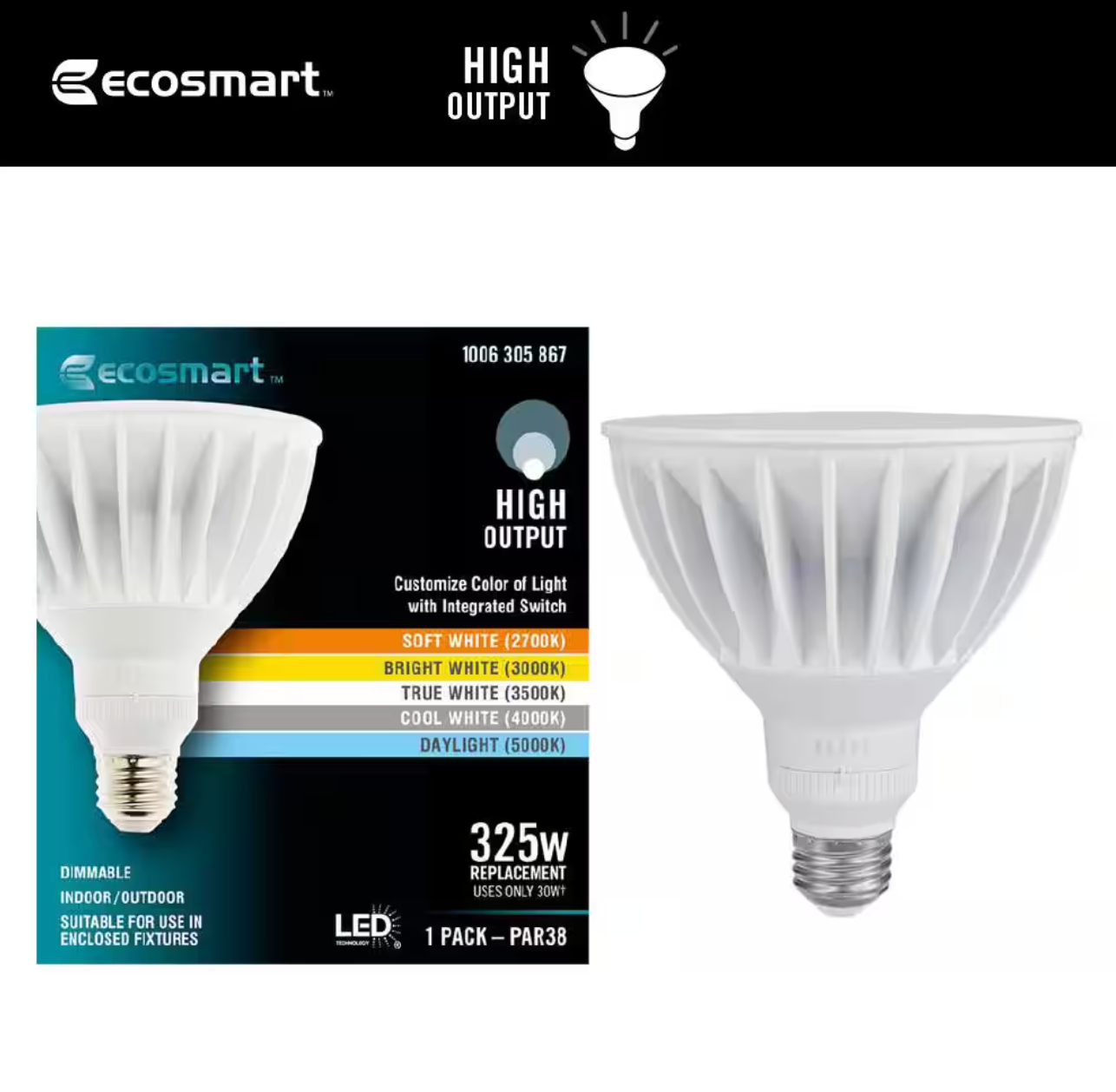 EcoSmart - 325-Watt Equivalent PAR38 Dimmable Flood LED Light Bulb with Selectable Color Temperature (1-pack)