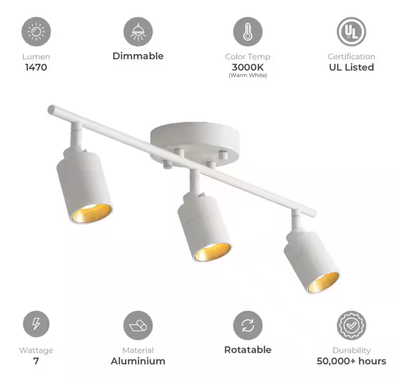 Shura 3-Light White Integrated LED Track Light with Rotatable Heads, 2 ft. Fixed Track Lighting Kit, 3000k, 1470 Lumens