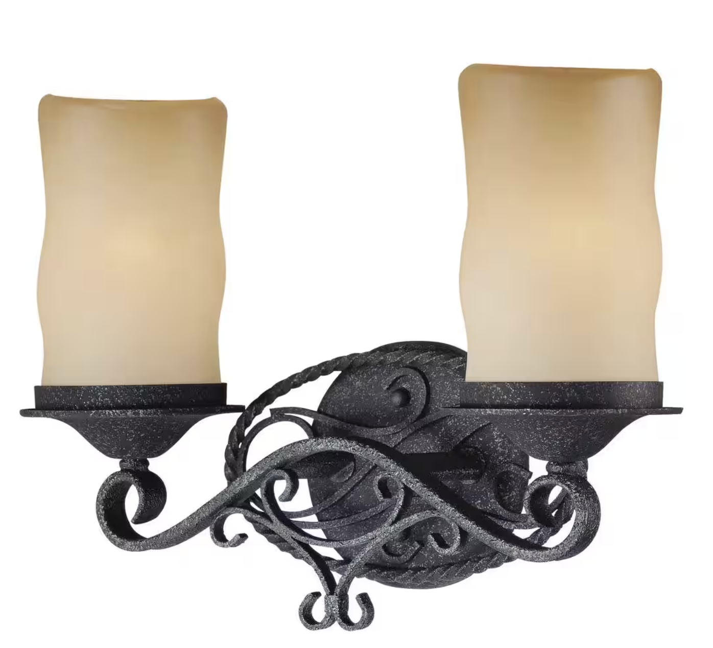 Sevilla 2-Light Indoor Antique Wrought Iron Bath / Vanity Wall Mount w/ Candle-Shaped Sandstone Glass Shades