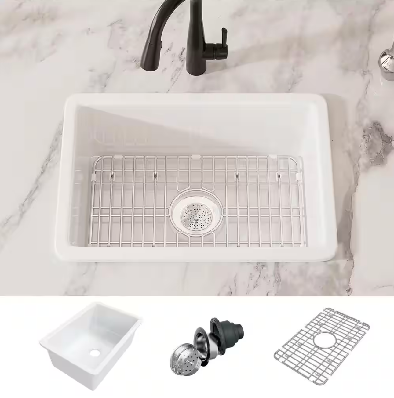 Oslo 27 in. Drop-In/Undermount Single Bowl in Crisp White Fireclay Kitchen Sink with Bottom Grid and Basket Strainer