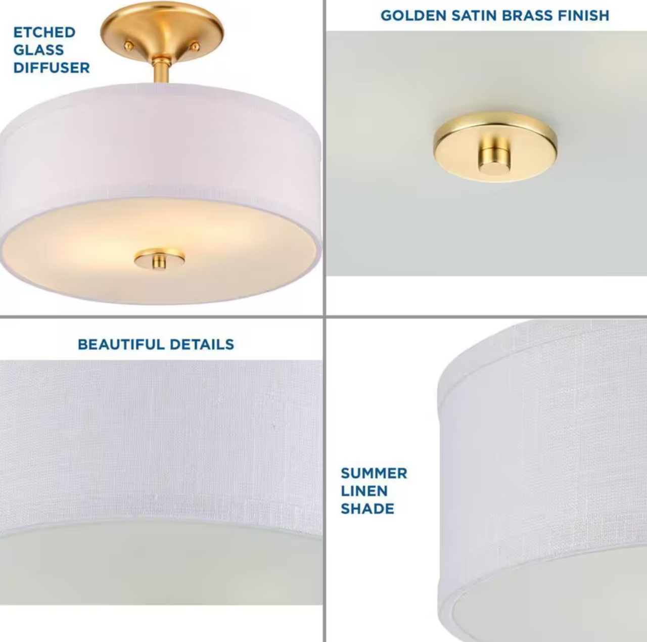 Inspire Collection 2-Light Satin Brass Summer Linen Shade New Traditional Semi-Flush Light